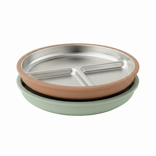 2'li Paslanmaz Çelik Vantuzlu Tabak Seti  (Mocha Mousse & Sage Green)