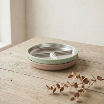 2'li Paslanmaz Çelik Vantuzlu Tabak Seti  (Mocha Mousse & Sage Green)