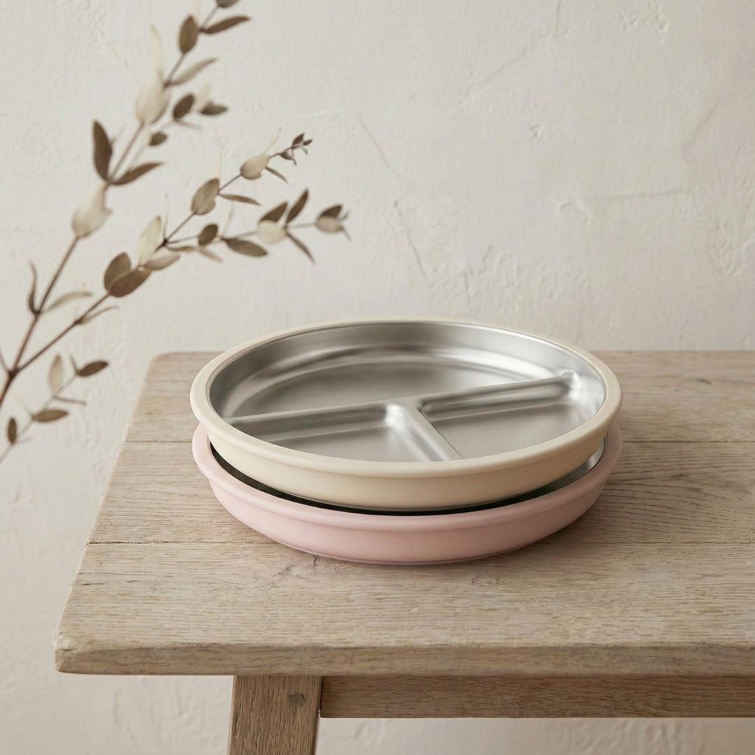 2'li Paslanmaz Çelik Vantuzlu Tabak Seti (Tofu & Pearl Blush)